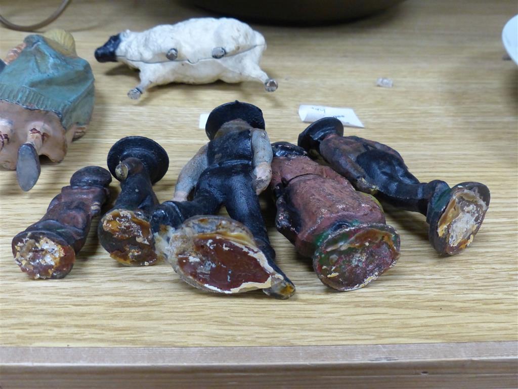 A group of American? painted cast iron and metal Amish figures, sheep money box etc.